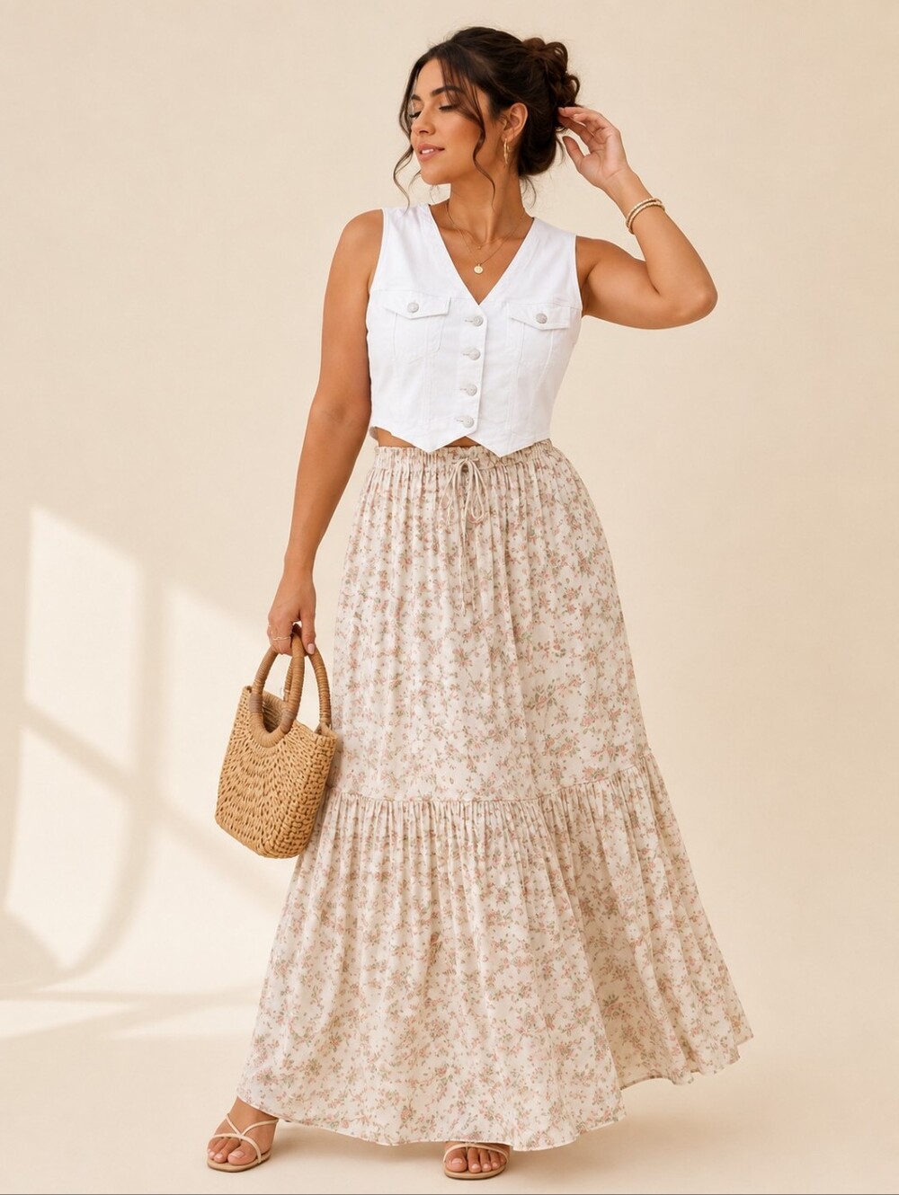Cropped White Button-Front Vest